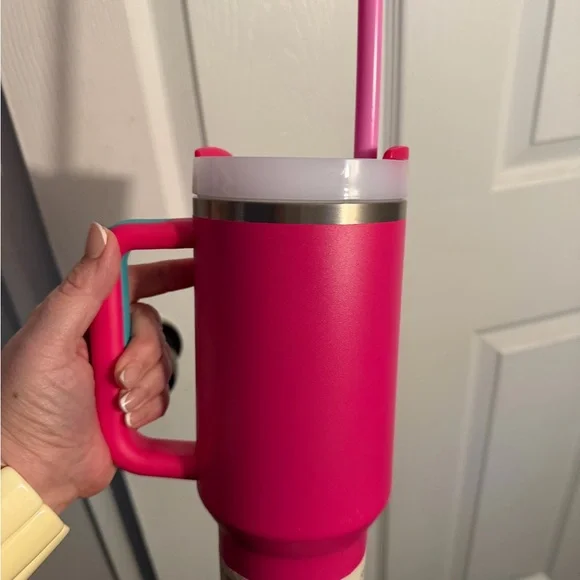 Stanley Pink Tumbler with Handle and Teal Logo - Picture 7 of 7